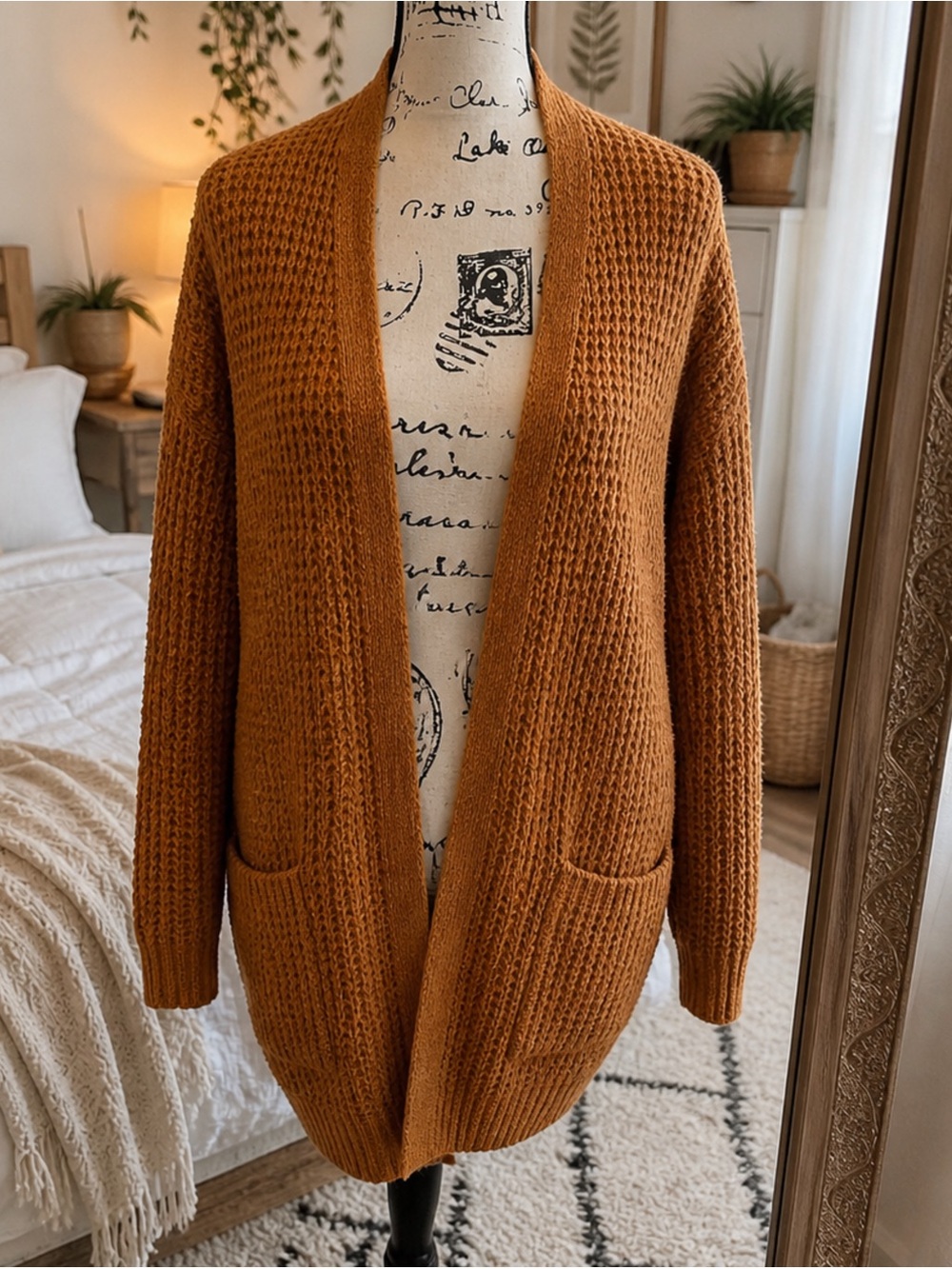 Pink Rose Open-Front Cardigan Sweater in Rust